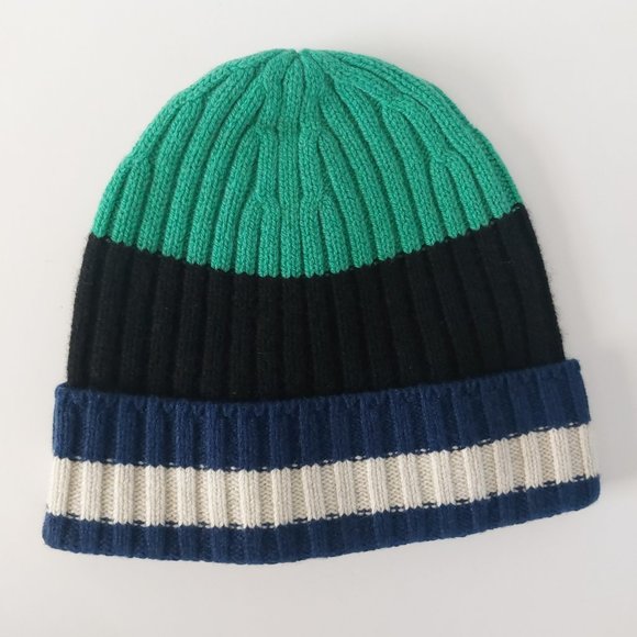 Everlane Cashmere Beanie Unisex Blue Green Striped Knit Hat Quality Winter NWT - Picture 3 of 10